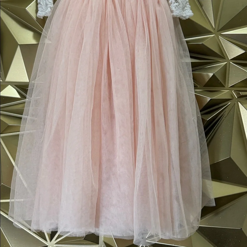 Girls White Lace‎ and Pink Tulle Long Sleeve Flower Girl Special Occasion Dress